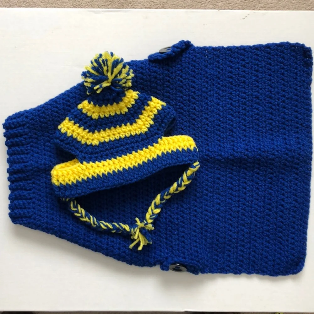 Handmade Crochet Dog sweater & Hat Blue Yellow